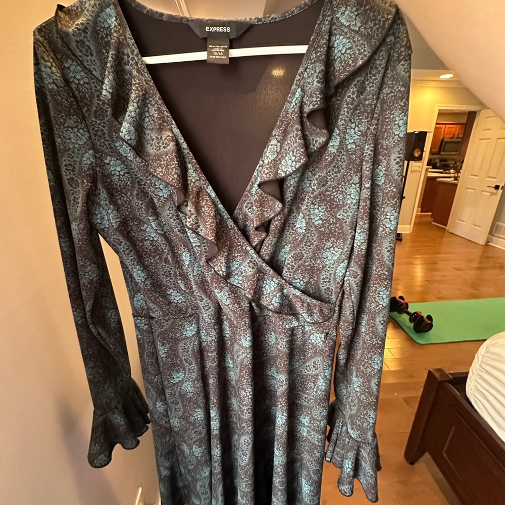 Express Long Sleeve Black and Blue Ruffle Dress